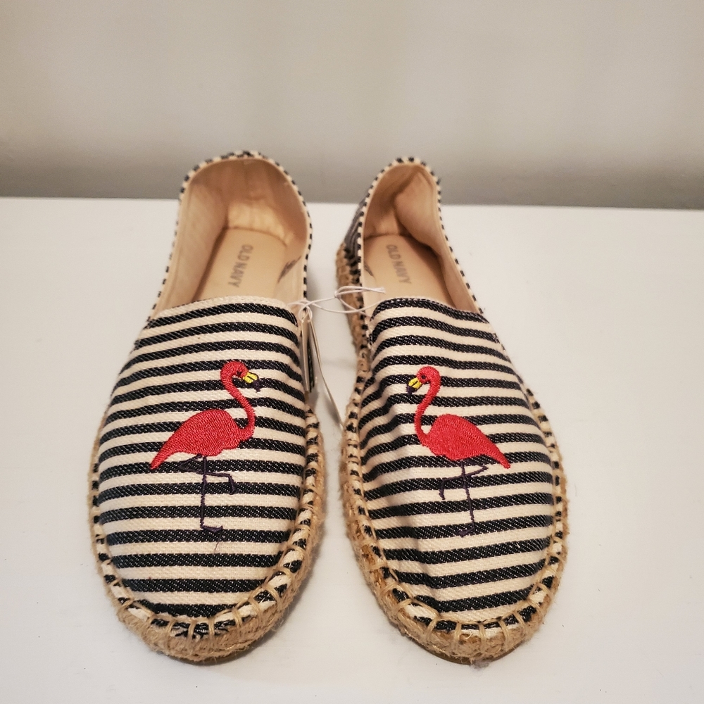 Old Navy Blue & White Striped Flamingo  Canvas Espadrilles, 6